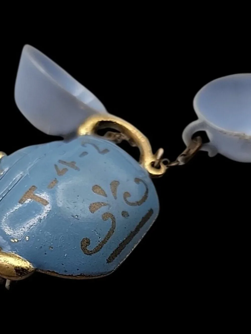 Antique T-4-2 Celluloid Brooch Teapot w/Dangling Teacups Blue Gold Tone C-Clasp
